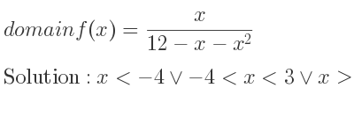 The domain of f(x)= x/(12-x-x^2) is x<-4\lor-4<x<3\lor x>3
